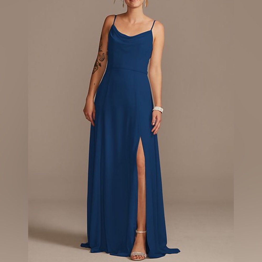 David’s bridal cowl neck chiffon bridesmaid dress with slit in Marine Blue